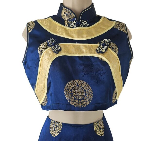 Kevin T Chinese Silk Qipao Top + Long Skirt Set S/M Thigh High Slits Blue Gold - Picture 5 of 10